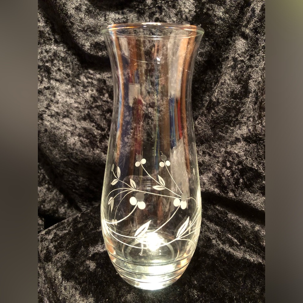10243 Clear Etched Glass Vase Berry Embellished Made In Turkey Vintage